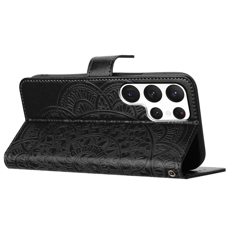 For Samsung Galaxy S22 Ultra 5G Wallet Case Flower Imprinted PU Leather Flip Phone Cover