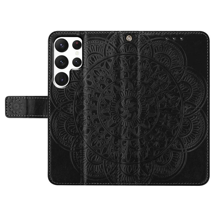 For Samsung Galaxy S22 Ultra 5G Wallet Case Flower Imprinted PU Leather Flip Phone Cover