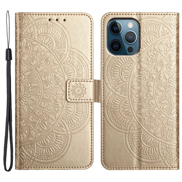 For iPhone 14 Pro Leather Case Drop-proof Flower Pattern Phone Cover with Handy Strap