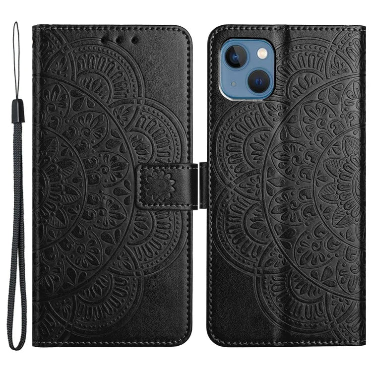 For iPhone 15 Plus Case Imprint Flower Pattern Leather Mobile Phone Cover