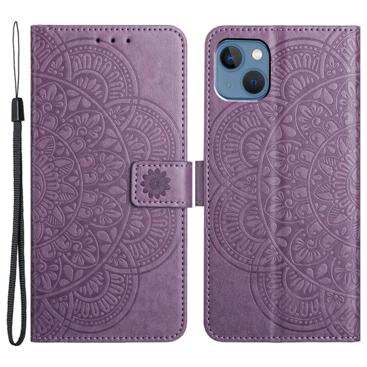 For iPhone 15 Plus Case Imprint Flower Pattern Leather Mobile Phone Cover
