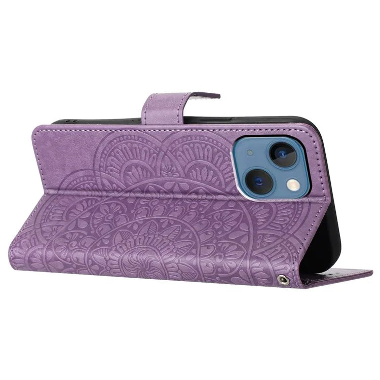 For iPhone 15 Plus Case Imprint Flower Pattern Leather Mobile Phone Cover