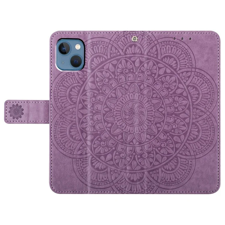For iPhone 15 Plus Case Imprint Flower Pattern Leather Mobile Phone Cover