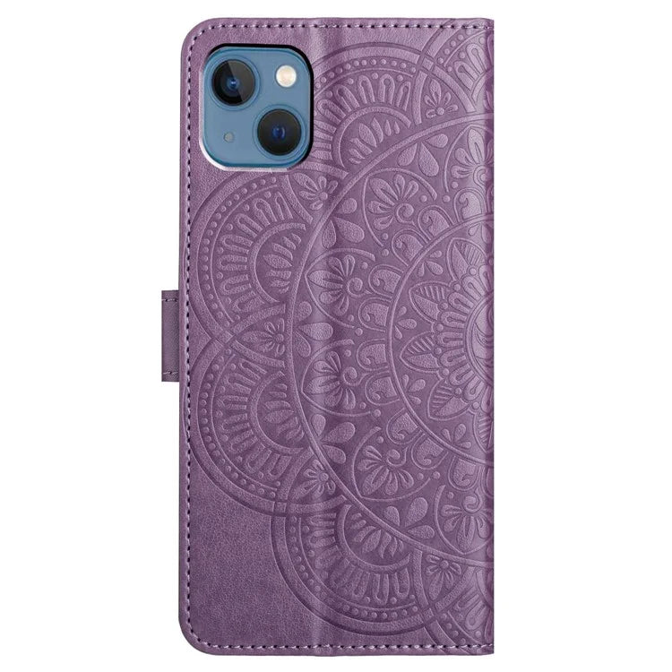 For iPhone 15 Plus Case Imprint Flower Pattern Leather Mobile Phone Cover