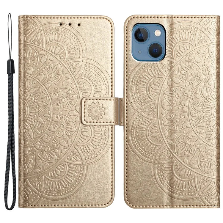 For iPhone 15 Plus Case Imprint Flower Pattern Leather Mobile Phone Cover