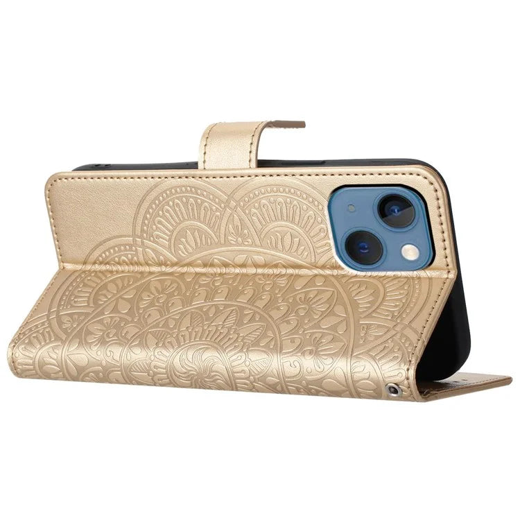 For iPhone 15 Plus Case Imprint Flower Pattern Leather Mobile Phone Cover