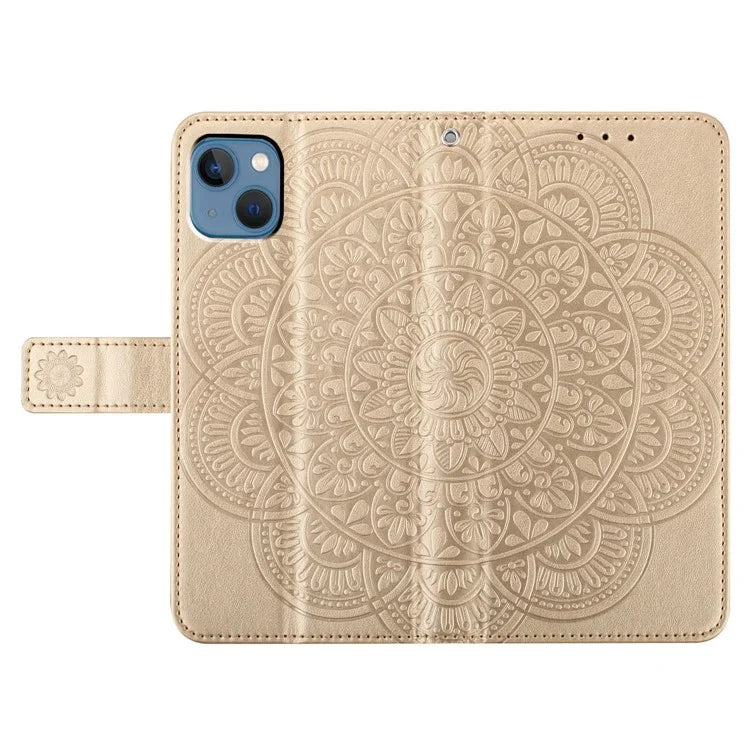 For iPhone 15 Plus Case Imprint Flower Pattern Leather Mobile Phone Cover