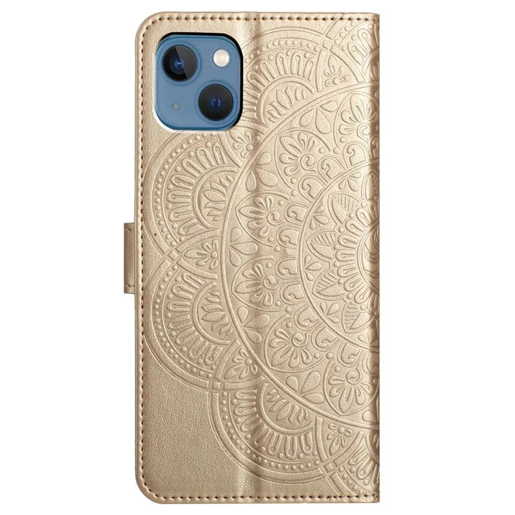 For iPhone 15 Plus Case Imprint Flower Pattern Leather Mobile Phone Cover