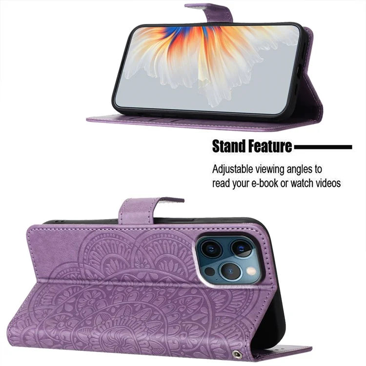 Leather Case for iPhone 15 Pro Cover Flower Pattern Flip Stand Phone Shell