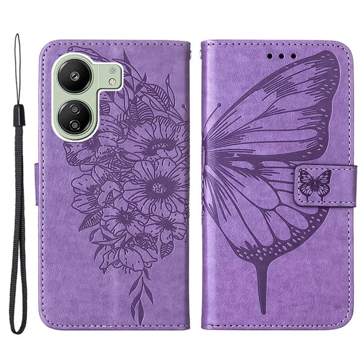 YB Imprinting Series-4 For Xiaomi Redmi 13C 4G / Poco C65 4G Case Butterfly Leather Cover with Strap