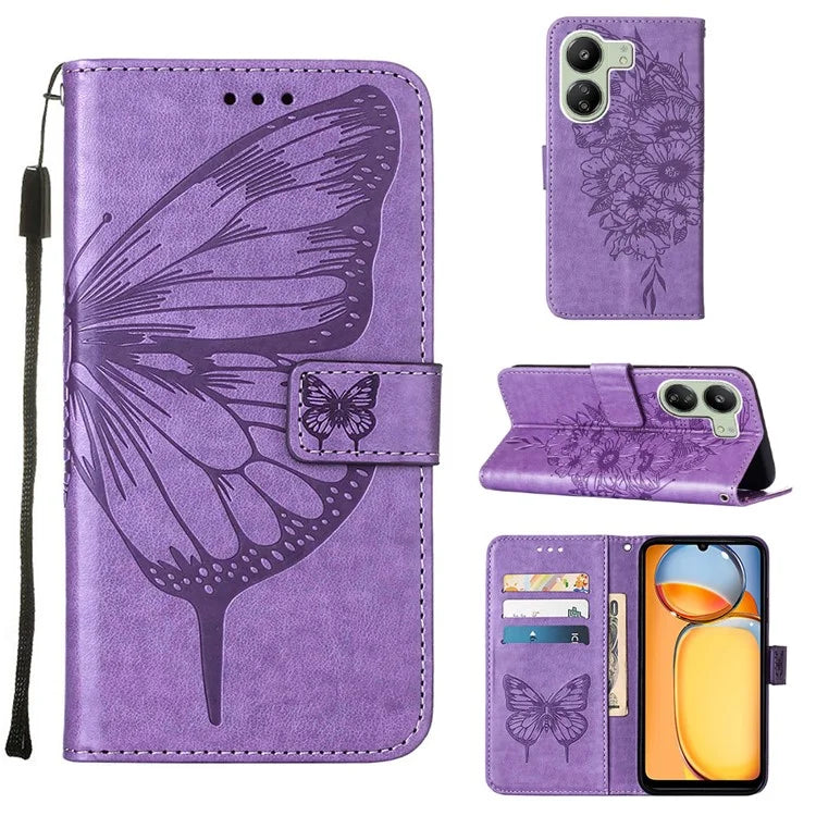 YB Imprinting Series-4 For Xiaomi Redmi 13C 4G / Poco C65 4G Case Butterfly Leather Cover with Strap
