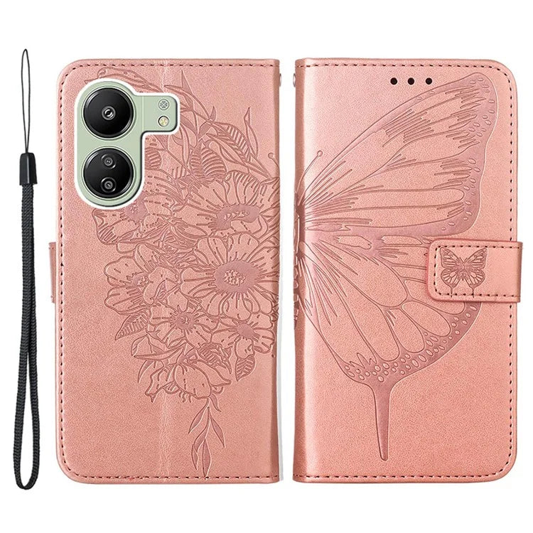 YB Imprinting Series-4 For Xiaomi Redmi 13C 4G / Poco C65 4G Case Butterfly Leather Cover with Strap