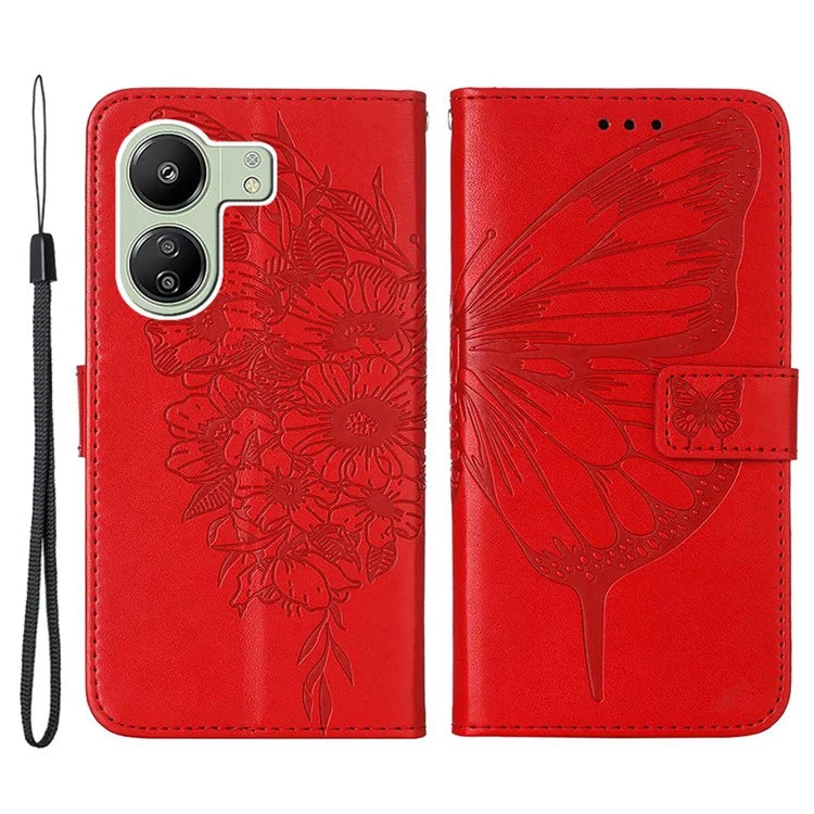 YB Imprinting Series-4 For Xiaomi Redmi 13C 4G / Poco C65 4G Case Butterfly Leather Cover with Strap