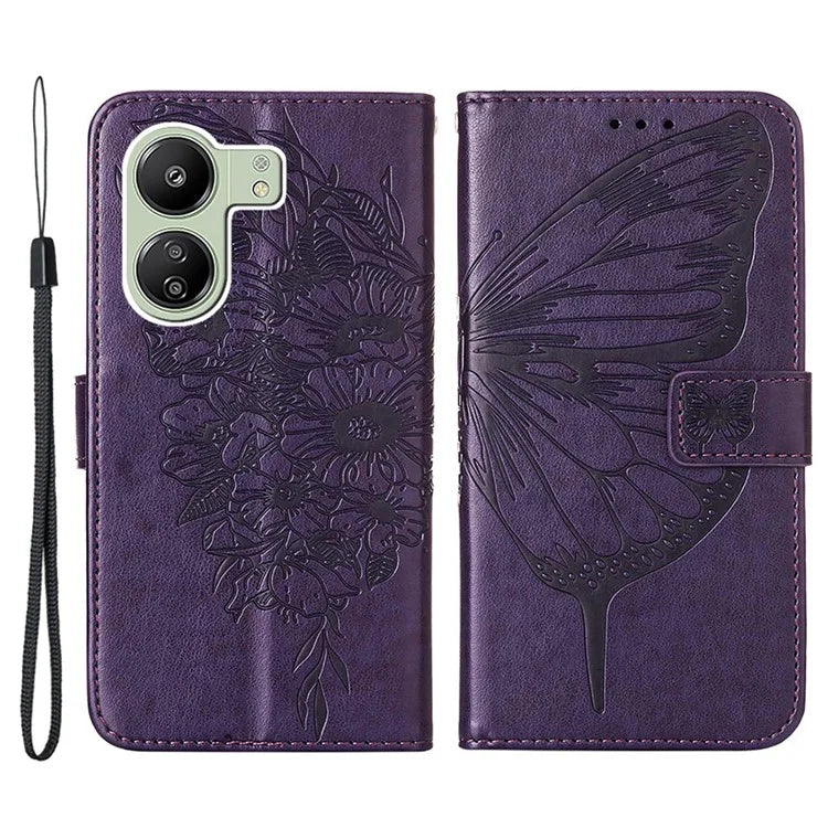 YB Imprinting Series-4 For Xiaomi Redmi 13C 4G / Poco C65 4G Case Butterfly Leather Cover with Strap
