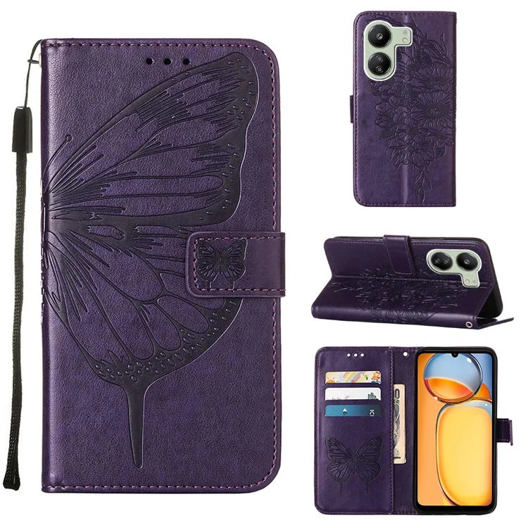 YB Imprinting Series-4 For Xiaomi Redmi 13C 4G / Poco C65 4G Case Butterfly Leather Cover with Strap
