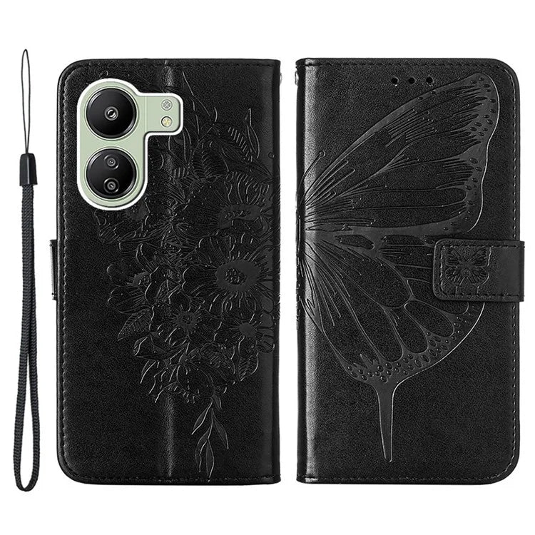 YB Imprinting Series-4 For Xiaomi Redmi 13C 4G / Poco C65 4G Case Butterfly Leather Cover with Strap