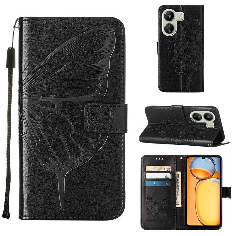 YB Imprinting Series-4 For Xiaomi Redmi 13C 4G / Poco C65 4G Case Butterfly Leather Cover with Strap