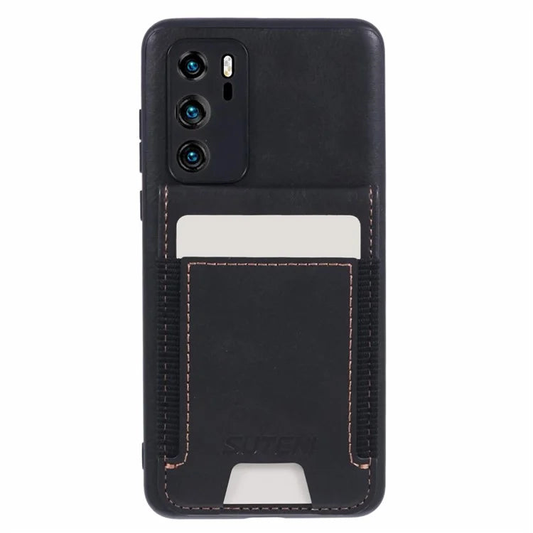 SUTENI H03 For Huawei P40 Case Waxy Texture Leather+TPU Phone Cover Kickstand