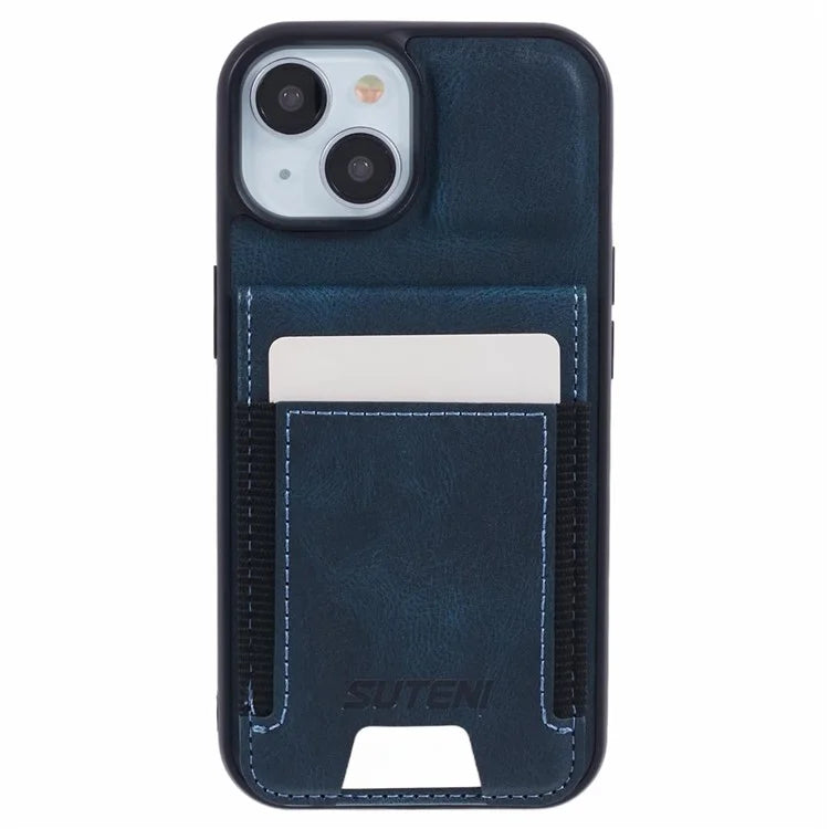 SUTENI H03 For iPhone 15 Case PU Leather Waxy Texture Card Slots Back Cover