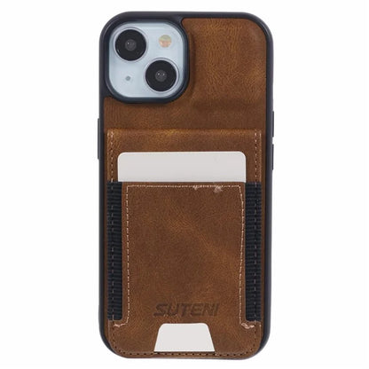SUTENI H03 For iPhone 15 Case PU Leather Waxy Texture Card Slots Back Cover