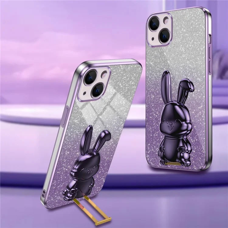 For iPhone 13 Case Lovely Rabbit Pull-out Kickstand Shock-absorbing Phone Cover