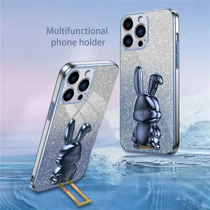 For iPhone 15 Pro Cell Phone Case Glitter Rabbit Pull-out Kickstand Cover