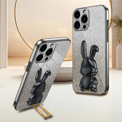 For iPhone 15 Pro Cell Phone Case Glitter Rabbit Pull-out Kickstand Cover