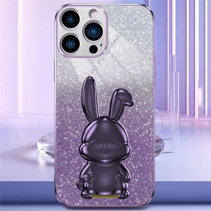 For iPhone 15 Pro Cell Phone Case Glitter Rabbit Pull-out Kickstand Cover
