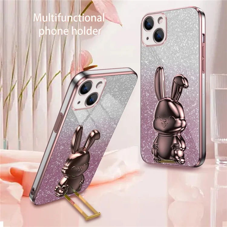 For iPhone 14 Plus Shockproof Cute Rabbit Glitter Case Phone Cover with Kickstand