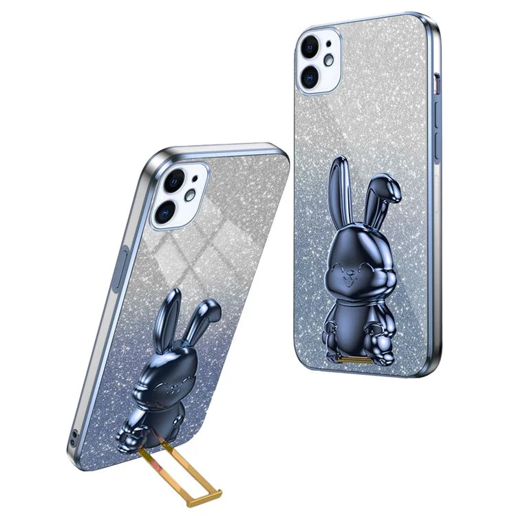 For iPhone 12 Electroplating Rabbit Case Pull-out Kickstand Smart Phone Cover