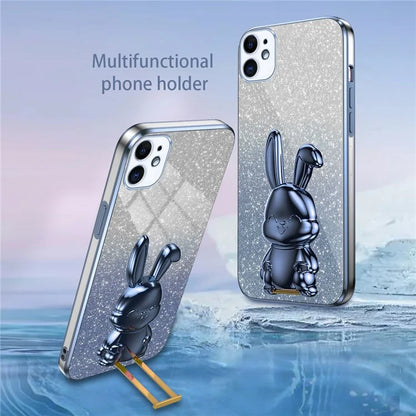 For iPhone 12 Electroplating Rabbit Case Pull-out Kickstand Smart Phone Cover