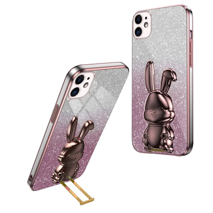 For iPhone 12 Electroplating Rabbit Case Pull-out Kickstand Smart Phone Cover