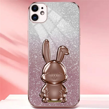 For iPhone 12 Electroplating Rabbit Case Pull-out Kickstand Smart Phone Cover