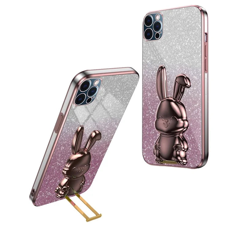 For iPhone 12 Pro Electroplating Rabbit Drop-proof Case Pull-out Kickstand Phone Cover