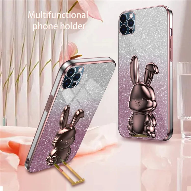 For iPhone 12 Pro Electroplating Rabbit Drop-proof Case Pull-out Kickstand Phone Cover