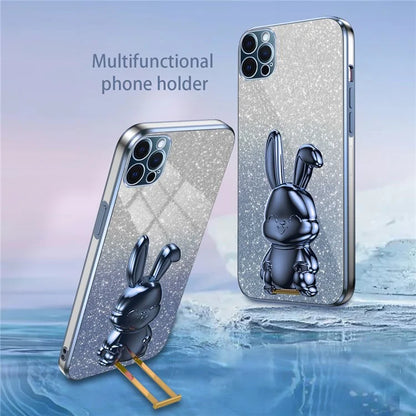 For iPhone 12 Pro Electroplating Rabbit Drop-proof Case Pull-out Kickstand Phone Cover