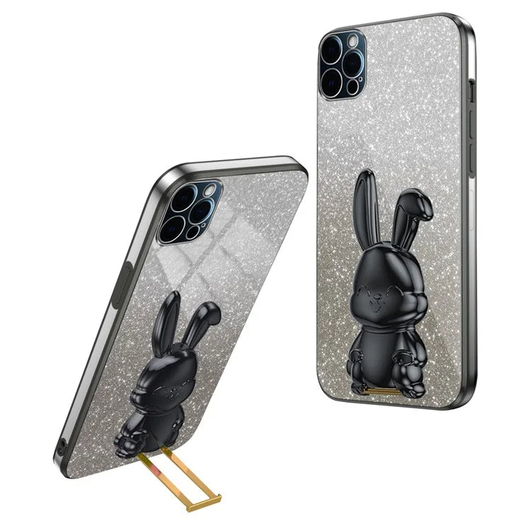 For iPhone 12 Pro Electroplating Rabbit Drop-proof Case Pull-out Kickstand Phone Cover