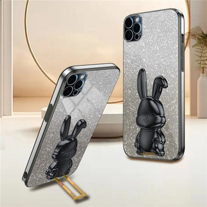 For iPhone 12 Pro Electroplating Rabbit Drop-proof Case Pull-out Kickstand Phone Cover