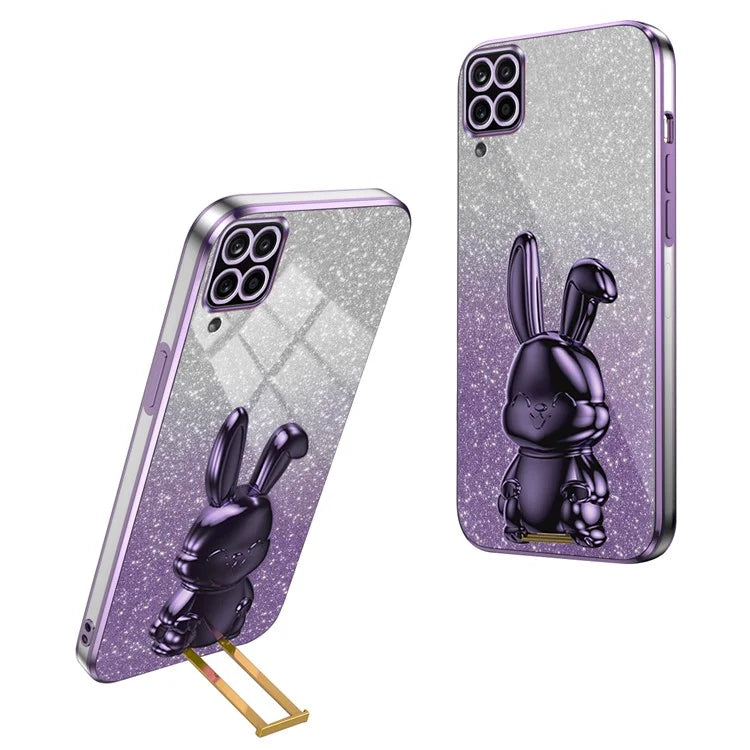 For Samsung Galaxy A12 / M12 / F12 Pull-out Kickstand Case Cartoon Rabbit Electroplated Phone Cover