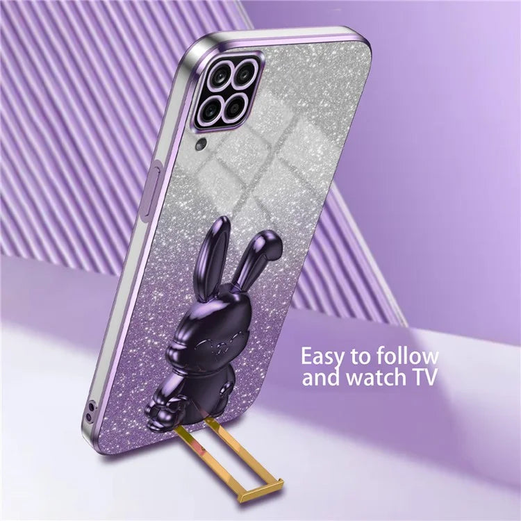 For Samsung Galaxy A12 / M12 / F12 Pull-out Kickstand Case Cartoon Rabbit Electroplated Phone Cover