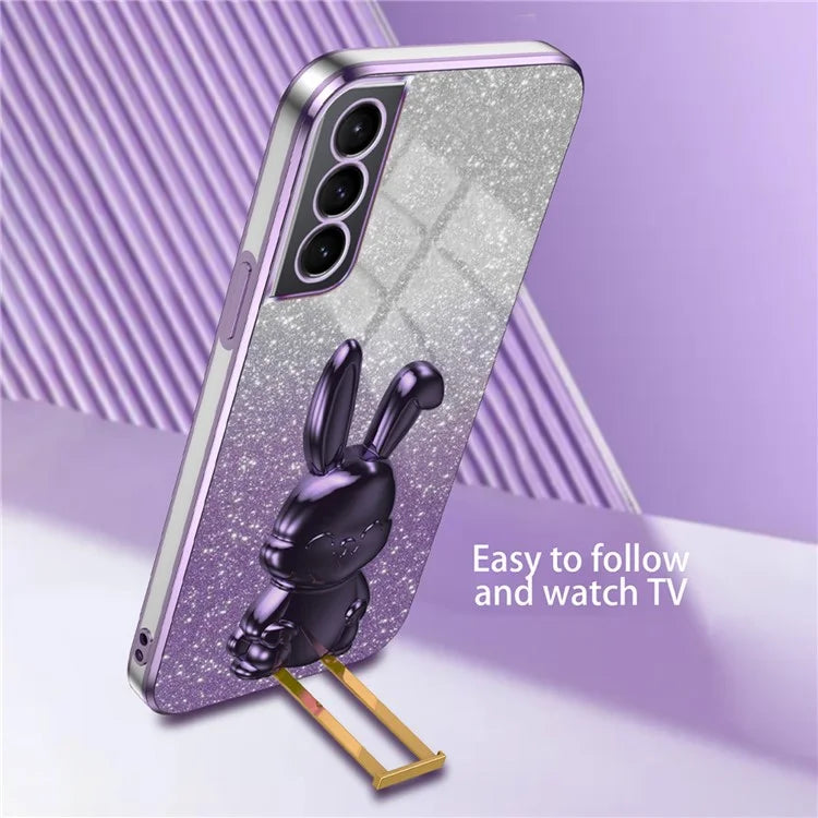 For Samsung Galaxy S21 FE 5G Cell Phone Case Glitter Cartoon Rabbit Cover with Kickstand
