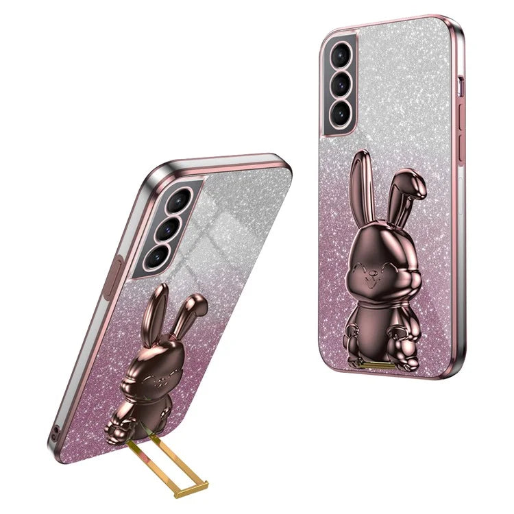 For Samsung Galaxy S21 FE 5G Cell Phone Case Glitter Cartoon Rabbit Cover with Kickstand