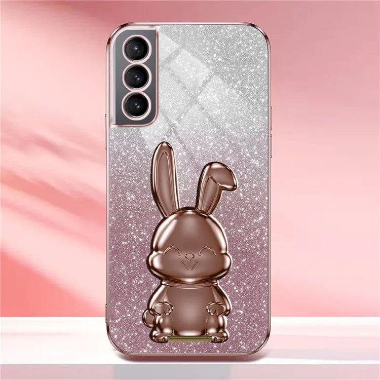 For Samsung Galaxy S21 FE 5G Cell Phone Case Glitter Cartoon Rabbit Cover with Kickstand