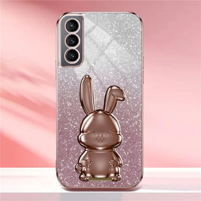 For Samsung Galaxy S21 FE 5G Cell Phone Case Glitter Cartoon Rabbit Cover with Kickstand