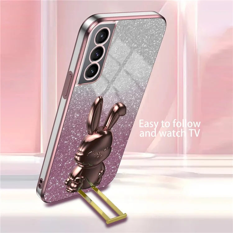For Samsung Galaxy S21 FE 5G Cell Phone Case Glitter Cartoon Rabbit Cover with Kickstand