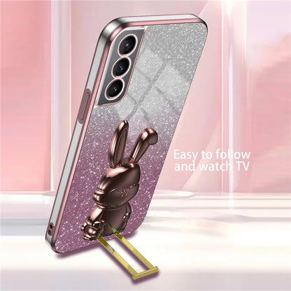 For Samsung Galaxy S21 FE 5G Cell Phone Case Glitter Cartoon Rabbit Cover with Kickstand