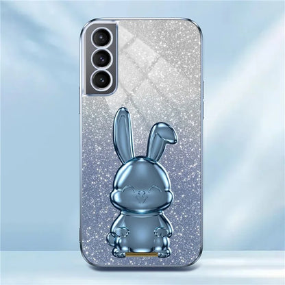 For Samsung Galaxy S21 FE 5G Cell Phone Case Glitter Cartoon Rabbit Cover with Kickstand