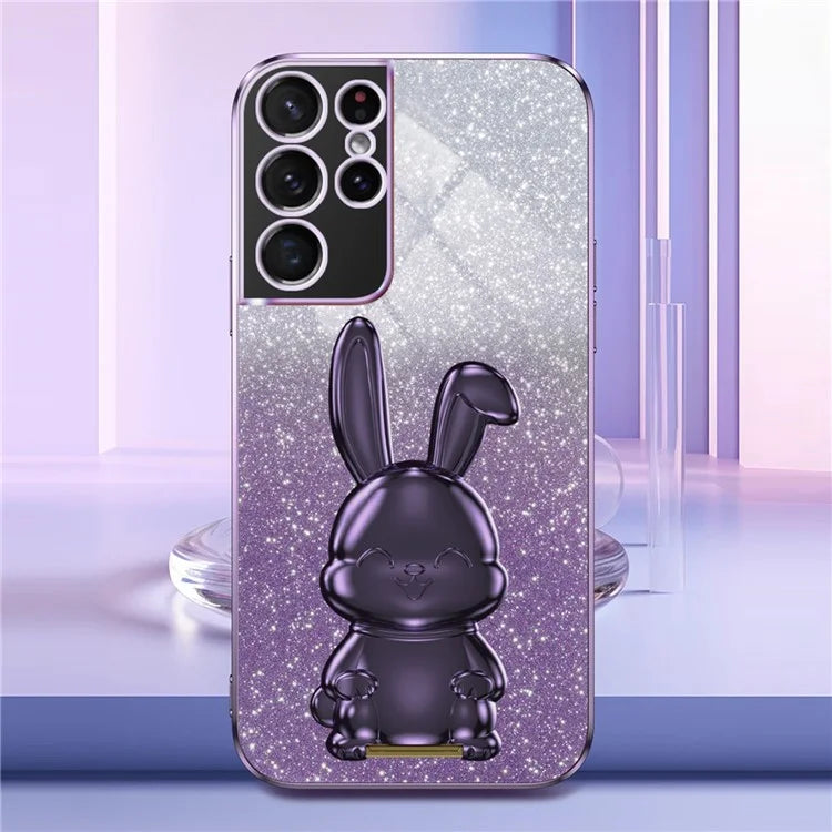 For Samsung Galaxy S21 Ultra 5G Case Lovely Rabbit PC+TPU Pull-out Kickstand Smartphone Cover