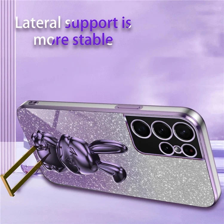 For Samsung Galaxy S21 Ultra 5G Case Lovely Rabbit PC+TPU Pull-out Kickstand Smartphone Cover