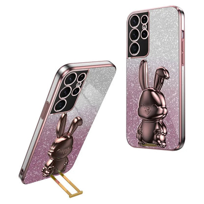 For Samsung Galaxy S21 Ultra 5G Case Lovely Rabbit PC+TPU Pull-out Kickstand Smartphone Cover